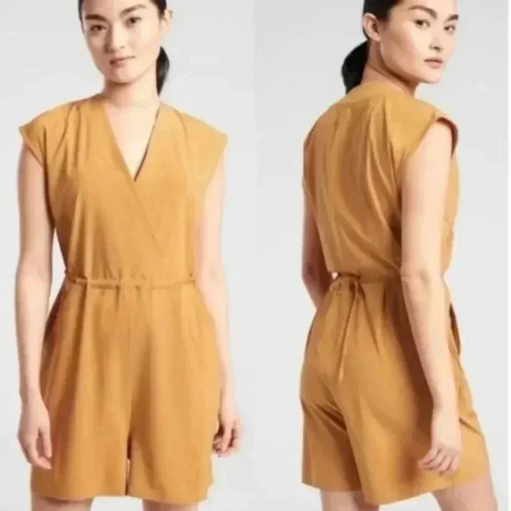 Athleta Marlow romper Tuscan Gold pockets tie waist featherweight stretch V-neck